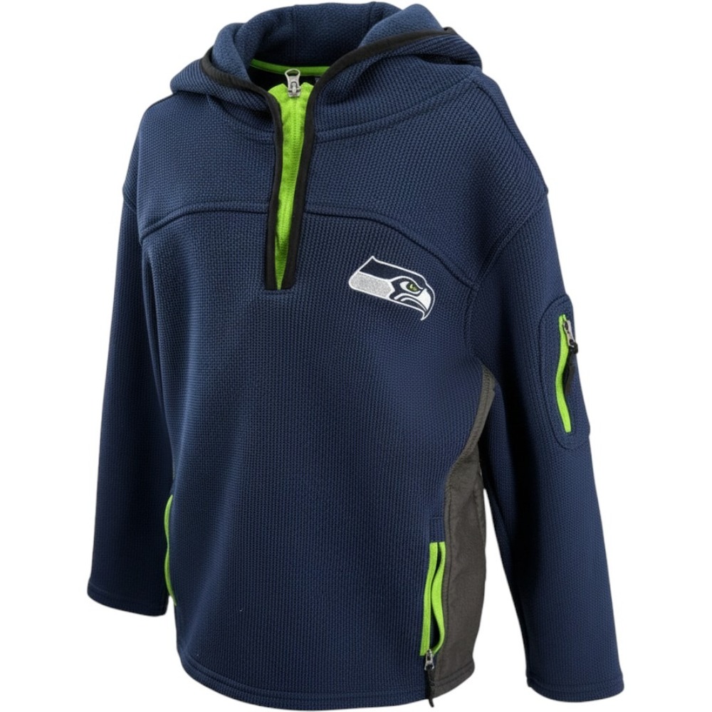 NFL Seattle Seahawks Youth Medium 10-12 Waffle Knit Quarter Zip Fleece Hoodie